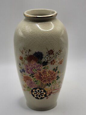 Vintage Japanese Floral Crackle-Glaze Vase w/ Gold Trim